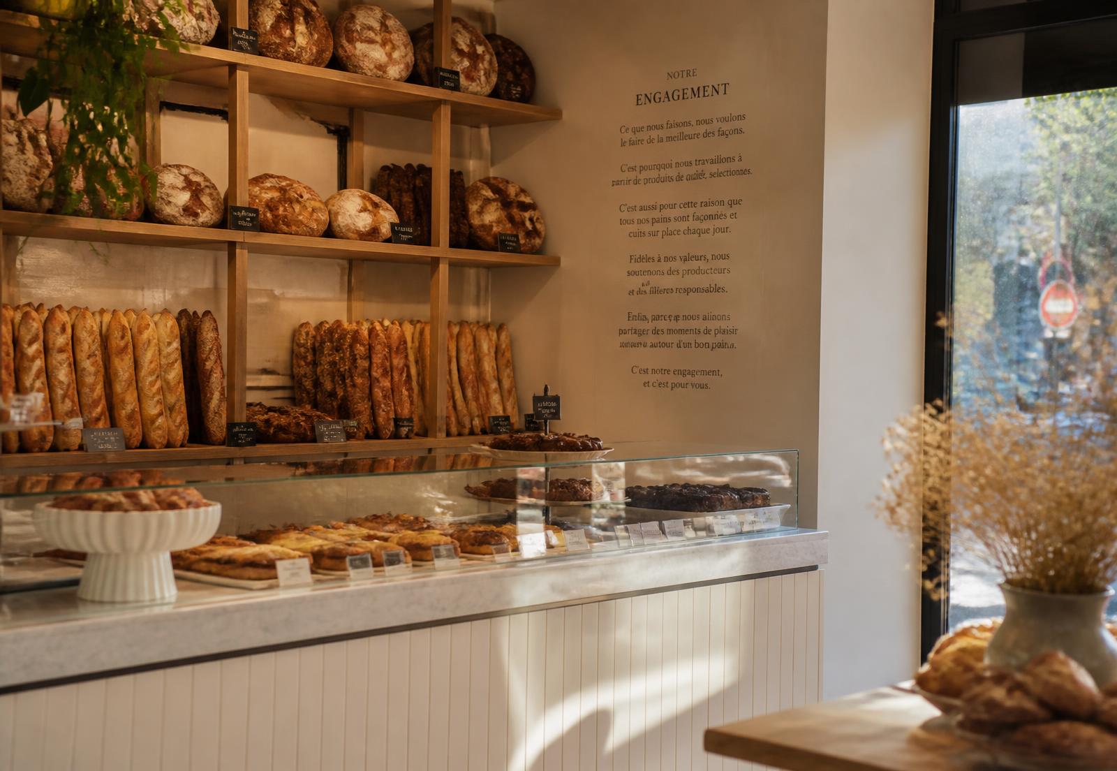 Vitrine de la boulangerie-pâtisserie Nour-Anissa : pains artisanaux et pâtisseries